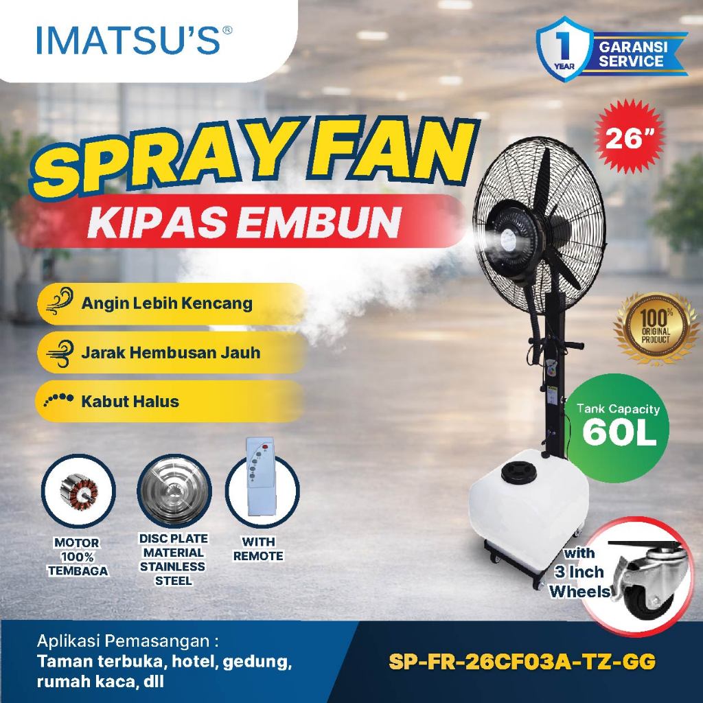 Imatsu's Kipas Angin Embun Air 26 Inch - 60 L / Misty Fan Kipas Semprot Spray Fan Remote Air Kipas