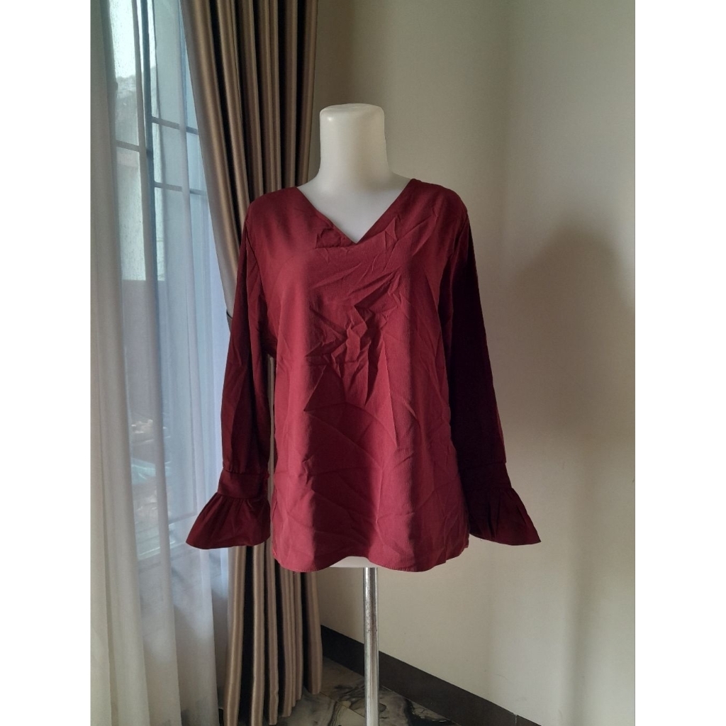Korean Maroon Blouse Jumbo, Blouse Maroon, Blouse Jumbo