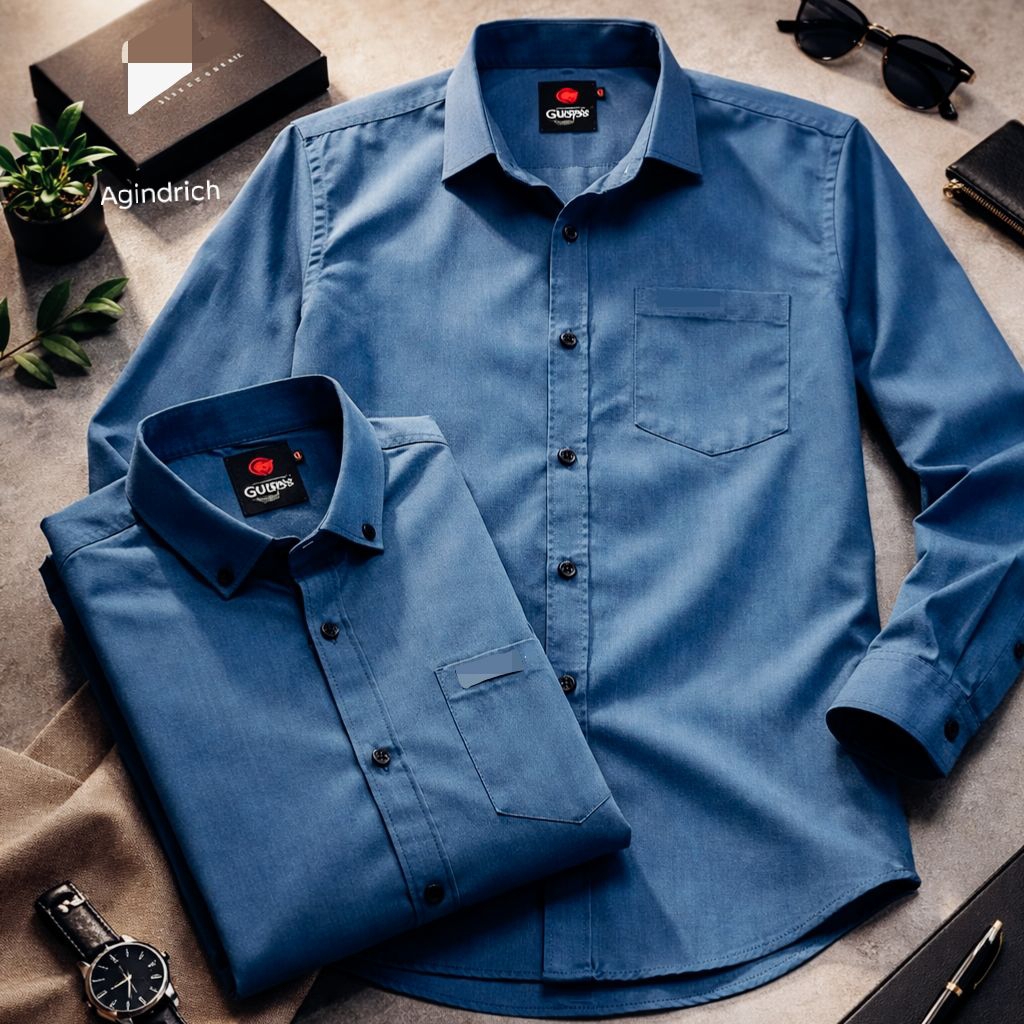 Kemeja Gupy biru denim steel blue lengan panjang pendek formal casual