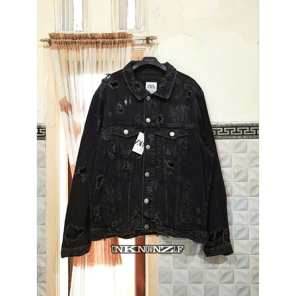Zara Denim Jacket Ripped Distressed Black