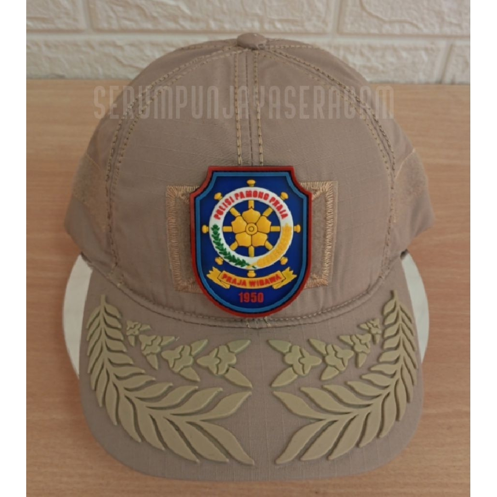 TOPI SATPOL PP LOGO BIRU PAMEN KREM 1 PATCH RUBBER - TOPI PAMEN KREM 2 BARIS SATPOL PP LOGO BIRU TEM