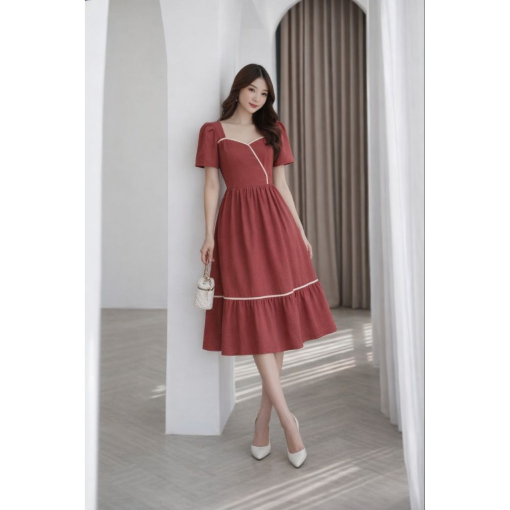 Dress Maroon / dress korea / dress pesta / dress / maroon
