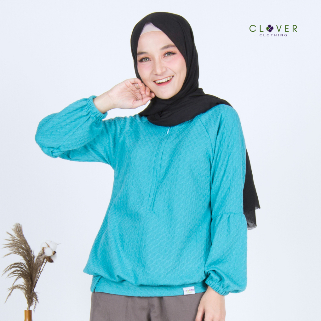 Atasan Wanita Blouse Clover Clothing Nada Bahan Kaos Lengan Balon Resleting Depan Size S sampai 3XL