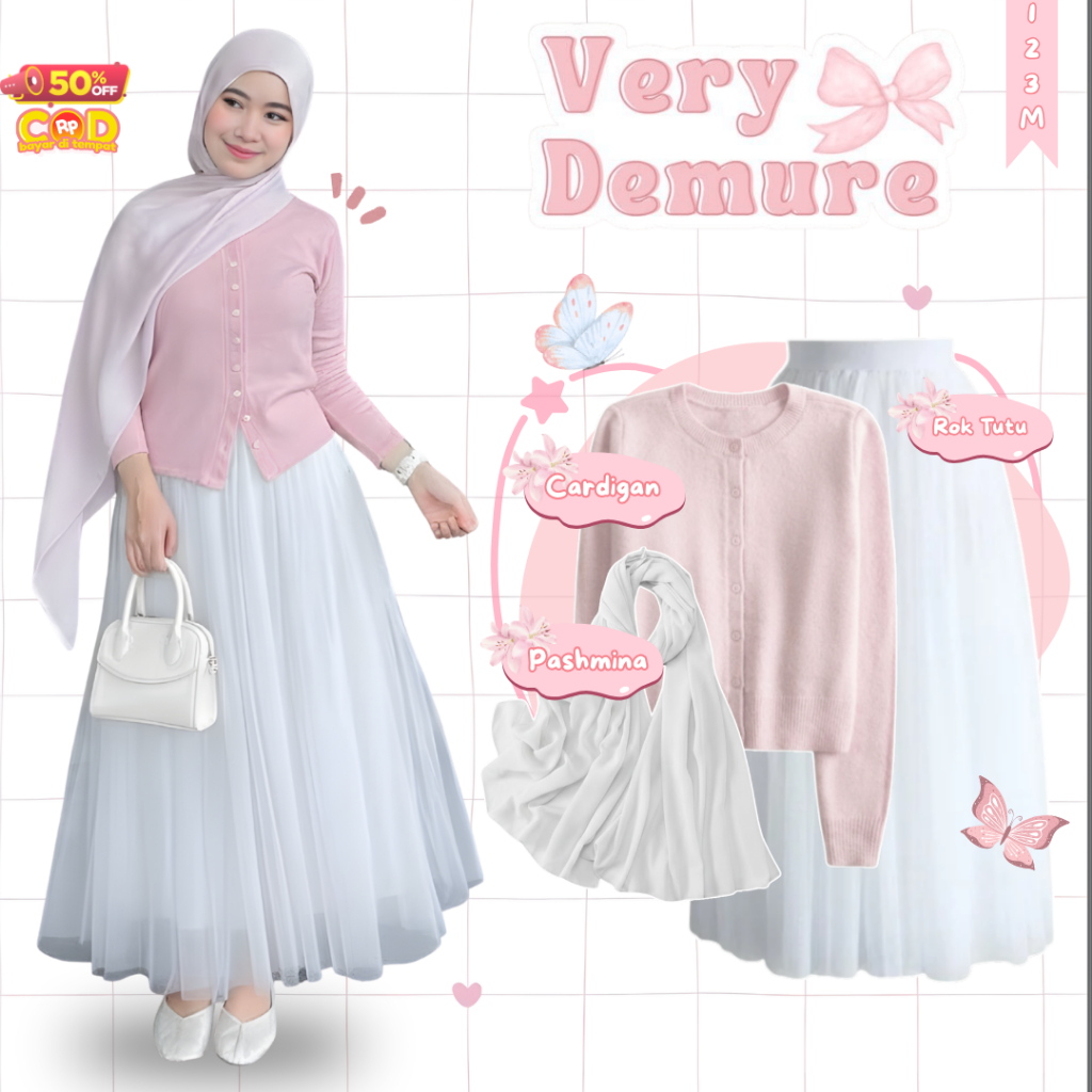 Setelan One Set Coquette Kekinian Korean Style Hijabers - ( Rok Tutu Putih + Cardigan Pink Soft + Pa