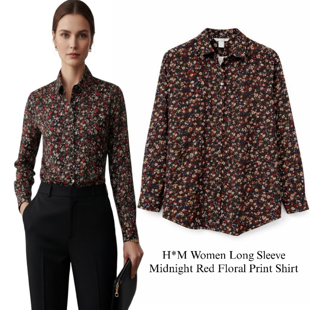 NEW ARRIVAL H*M Women Long Sleeve Midnight Red Floral Print Shirt / Kemeja wanita branded fulltag / 
