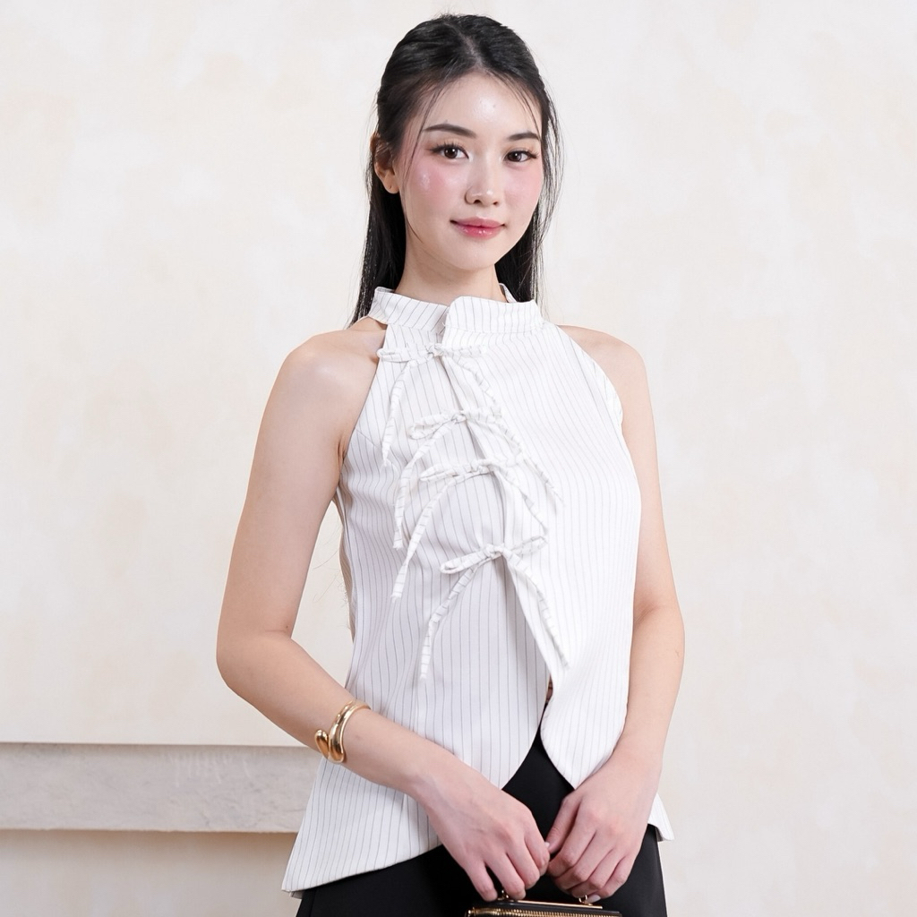 CLASSY Sovia Halter Stripes Top Atasan Halter Wanita Woolstripes Pita Depan Kerah Sanghai Desain Ele
