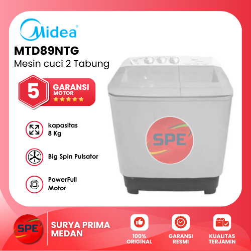 MESIN CUCI MIDEA 2 TABUNG  8 KG MTD89NTG / MTD-89NTG GARANSI RESMI MEDAN