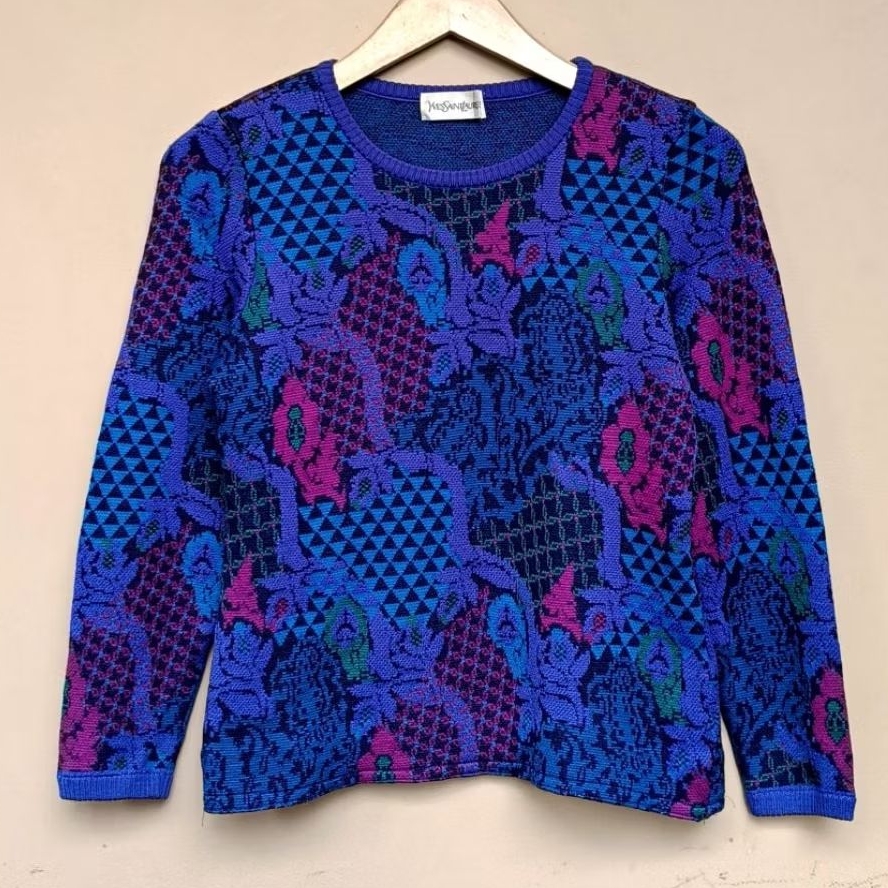 Sweatshirt ysl knitwear vintage woman pattern blue