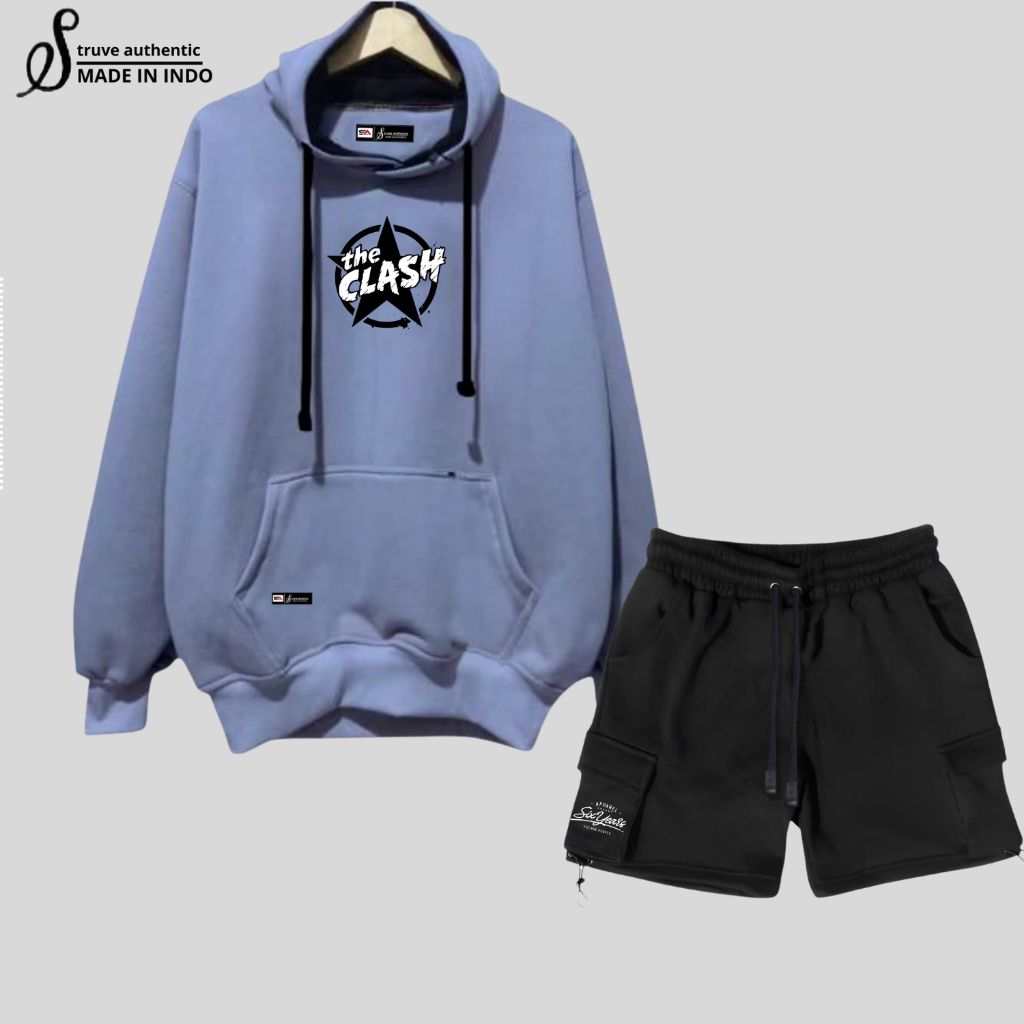 Oneset Hoodie Dan Celana Pendek Cargo Satu Set Pria Wanita Distro Keren Bahan Fleece Original Brand 