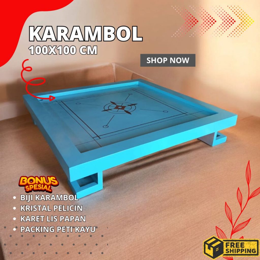 Papan Meja Karambol Kayu Jati Playwood Meranti Lis Warna Biru - 80cm x 80cm