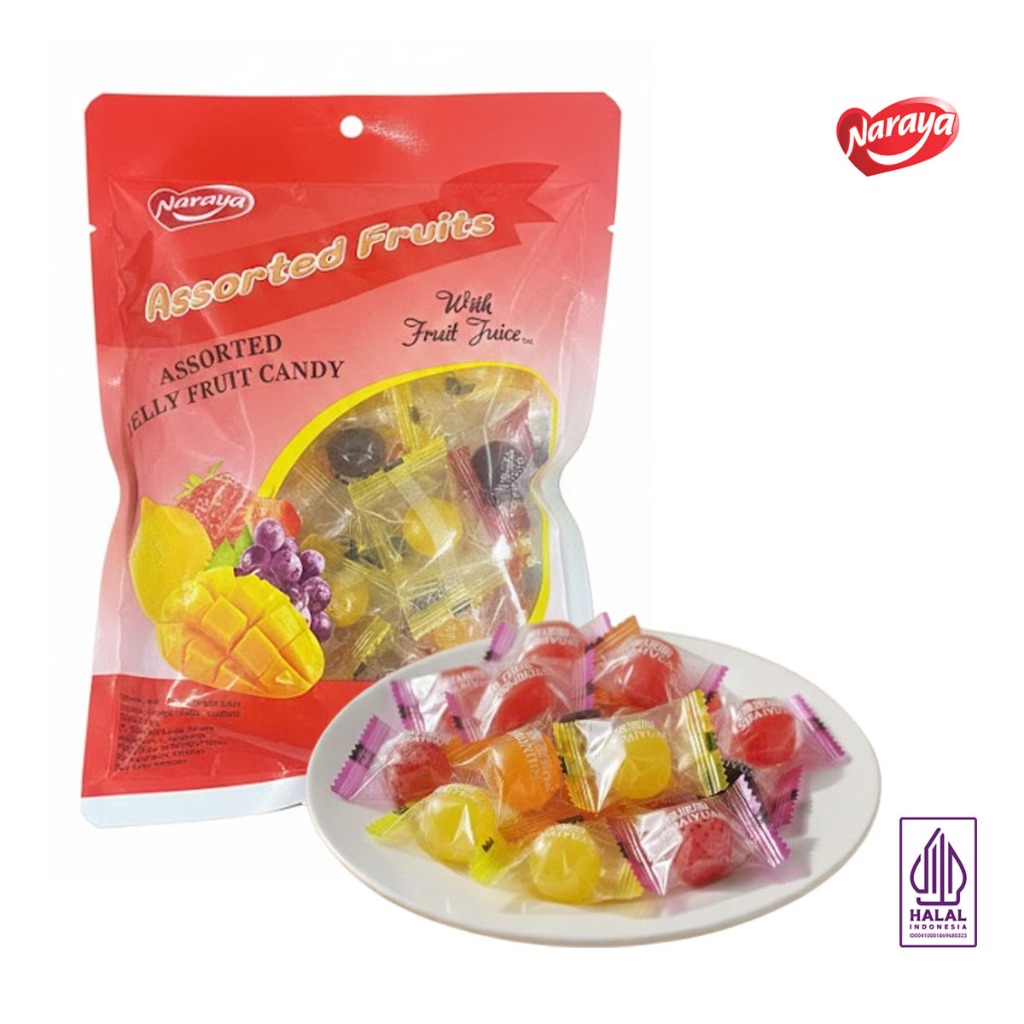 Permen Naraya Assorted Jelly Fruity Candy Halal 200 Gram - Permen Lunak Aneka Rasa Buah Anggur Mangg