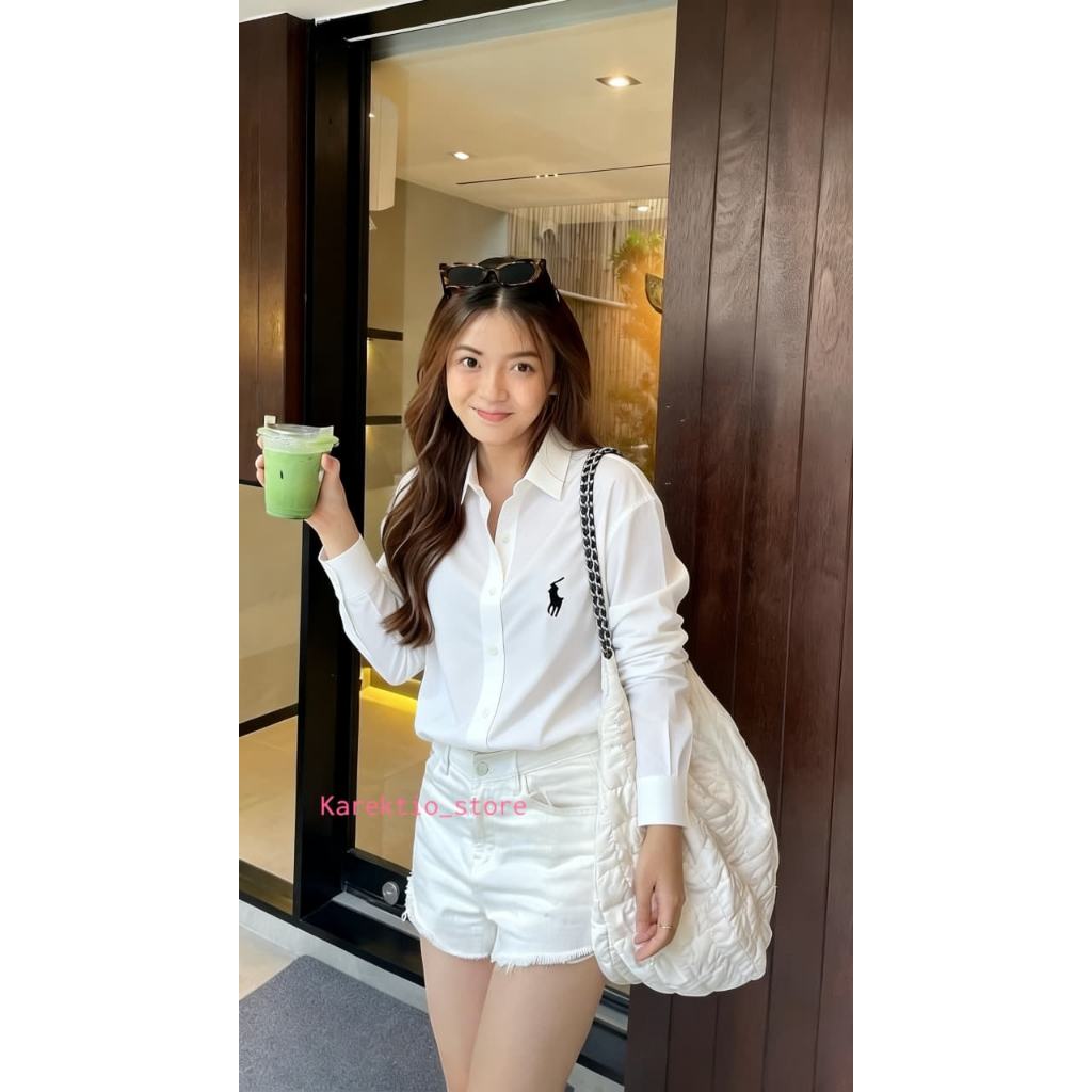 Blouse Wanita Logo Samping Leher V / Atasan Wanita Kemeja Blouse Ruffle Ballon / Blus Wanita Casual 