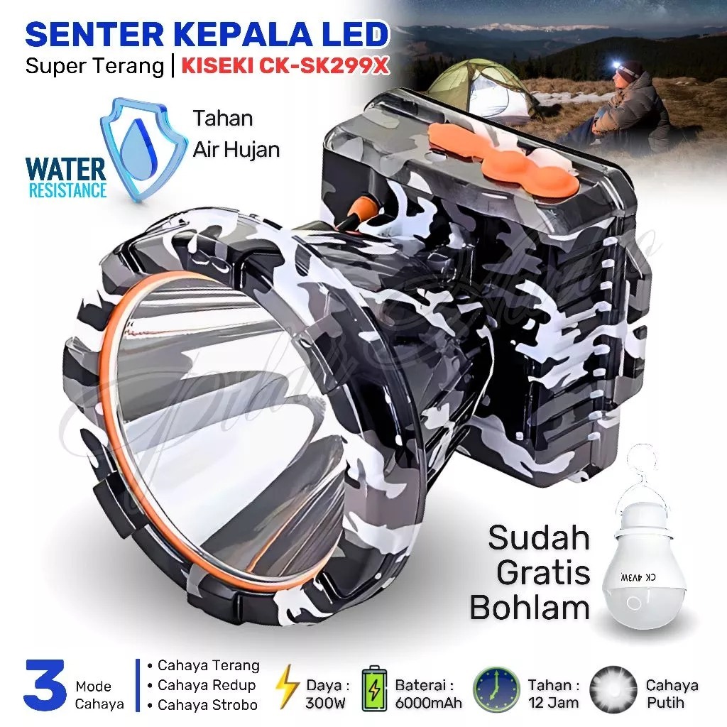 KISEKI CK-CK299X Senter Kepala 300W 6000mAh Cahaya Putih Tahan 12 Jam Waterproof