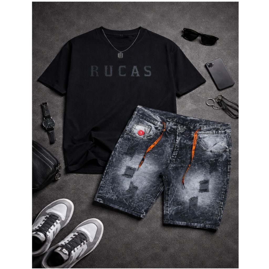 T-shirt Setelan Kaos Unisex Rucas Dan Celana Jeans Pendek