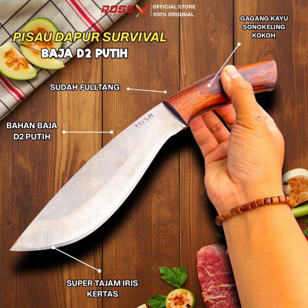 Pisau dapur Survival profesional baja D2 putih baja full tank gagang kayu sonokeling