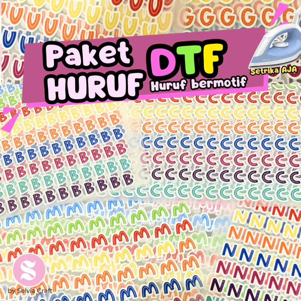 PAKET SABLON HURUF A-Z (1 huruf perlembar) tingal setrika aja untuk webbing dan kain