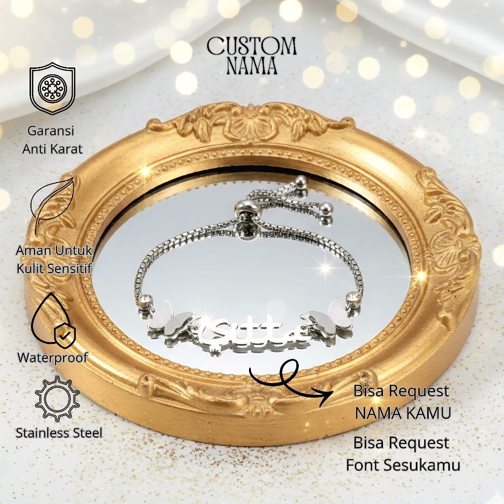 Gelang Serut Custom Nama Butterfly Arab Latin Accesoris Wanita