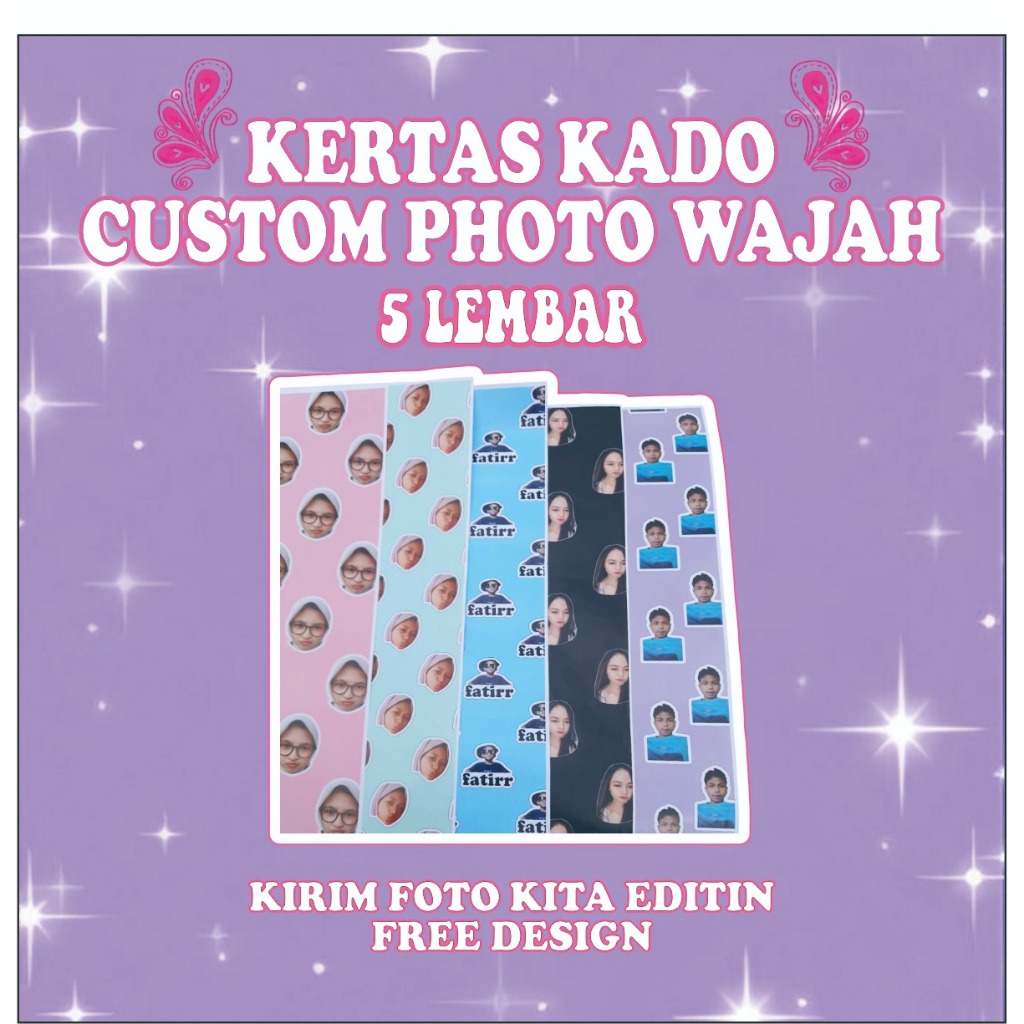 5 LEMBAR KERTAS KADO CUSTOM FOTO WAJAH  / KERTAS KADO CUSTOM / kertas kado ukuran A3+