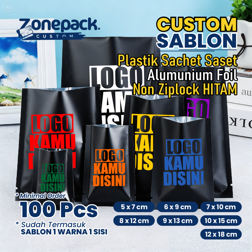 Sablon Plastik Sachet Saset Alumunium Foil Non Ziplock Warna Hitam | Kemasan Sambal Bubuk Kopi Snack