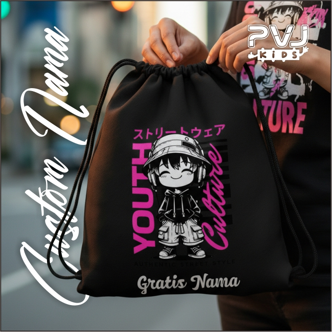 Tas Serut Anak Aesthetic Youth Custom Nama – Hitam Putih Ready