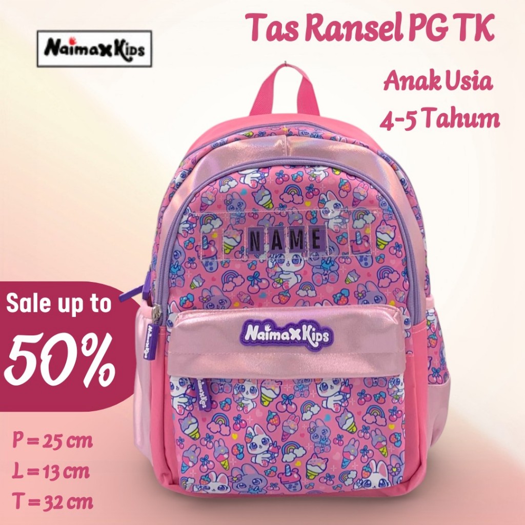 Naimax Kids Tas Sekolah Anak Perempuan PG TK Medium Karakter Rabbit Strawberry | Tas Anak Cewek Moti