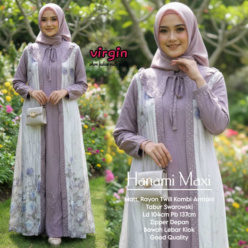 Hanami Gamis Maxi Dress Muslimah Original VIRGIN Rayon Twill Kombinasi Armani Adem Tabur Swarovski R