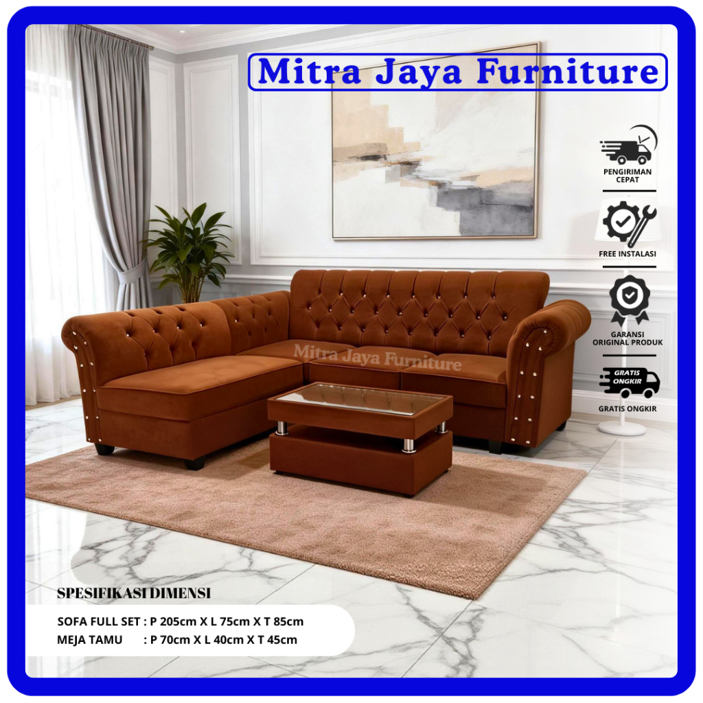 SOFA L PUTUS MINIMALIS KANCING BELUDRU