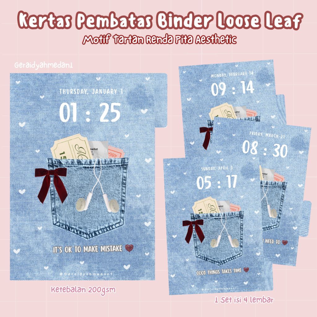 Kertas Pembatas Binder Loose Leaf A6 A5 B5 Motif Jeans Pita Aesthetic