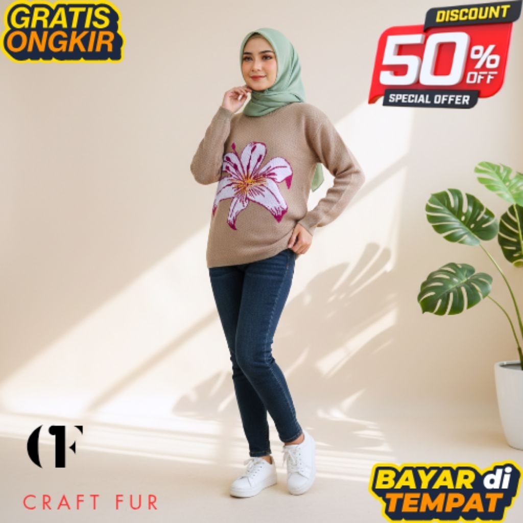 Sweater Rajut wanita Motif Bunga Lily, Atasan Rajut wanita premium Bunga Lily Oversize