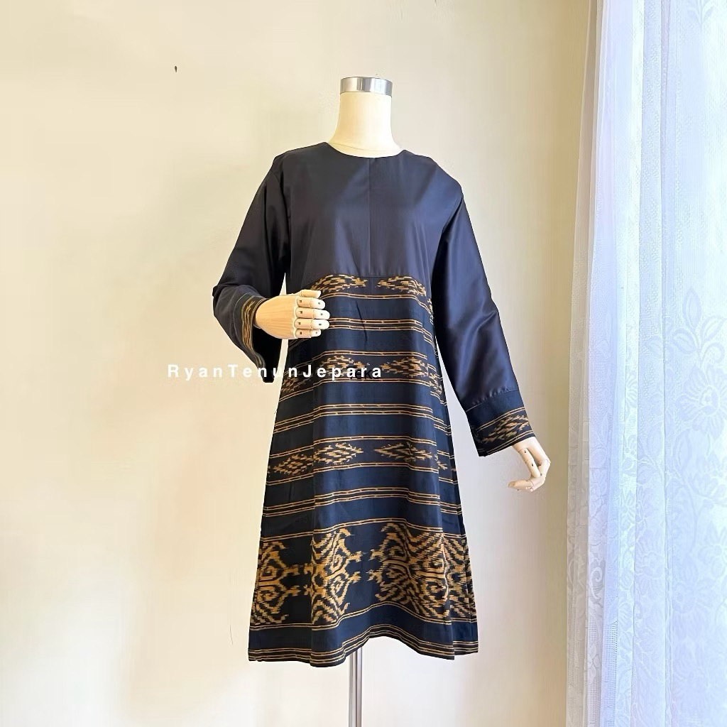 Dress tenun wanita - Dress tenun kombinasi polos - Dress formal etnik jepara