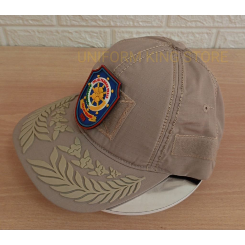 TOPI SATPOL PP LOGO BIRU PAMEN KREM TACTICAL 1 PATCH RUBBER