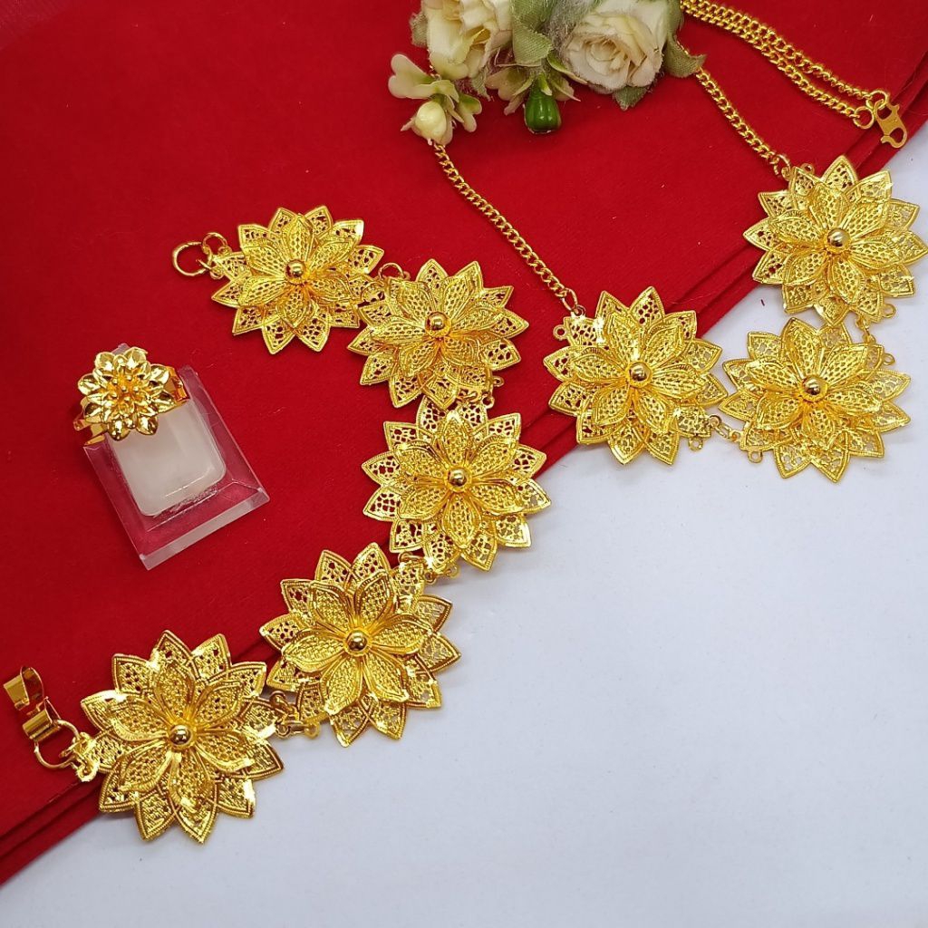 SATU SET PERHIASAN BUNGA KENDARI LAPIS EMAS HONGKONG 24K (GELANG + KALUNG + CINCIN)