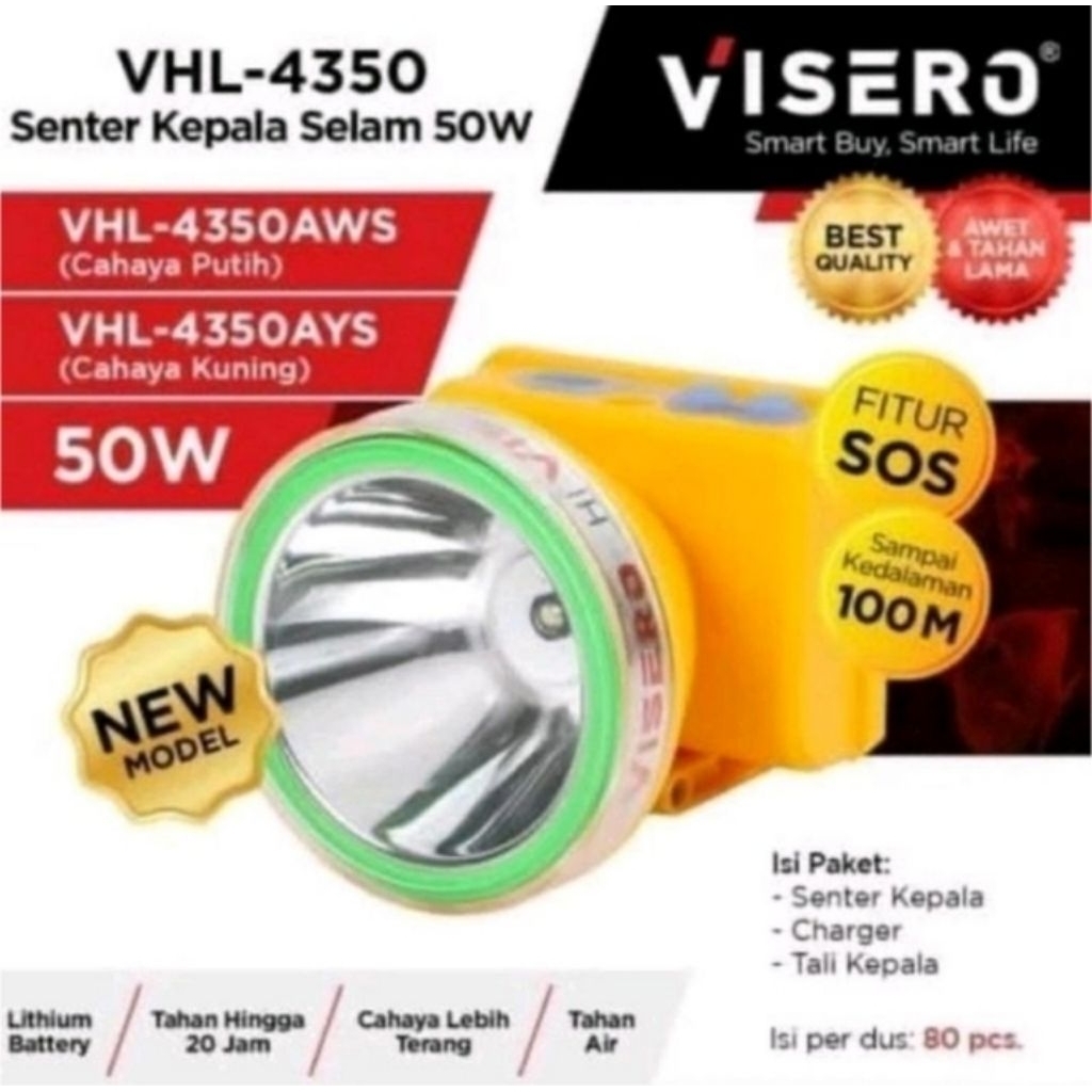 Visero Senter Kepala Selam VHL-4350 Daya Cahaya: