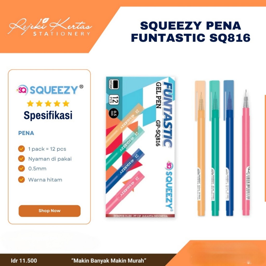 Squeezy Pena Funtastic SQ816 Warna Hitam (1 Pack Isi 12)
