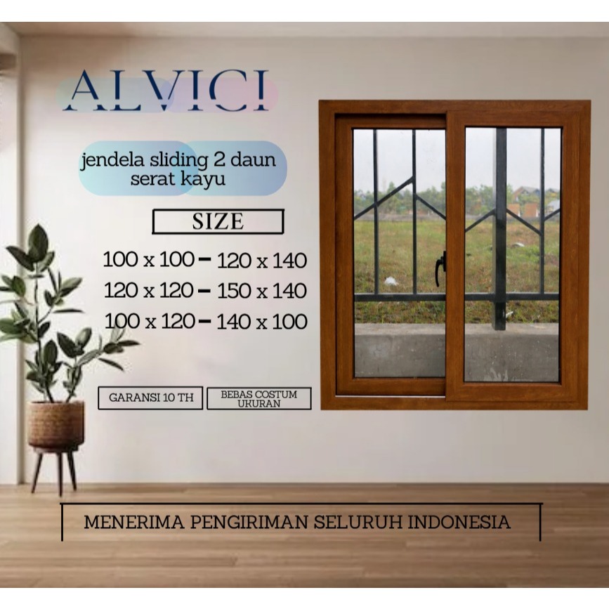 Jendela Sliding Serat Kayu UPVC Jendela Kamar Modern Minimalis Warna Golden Oak ALVICI