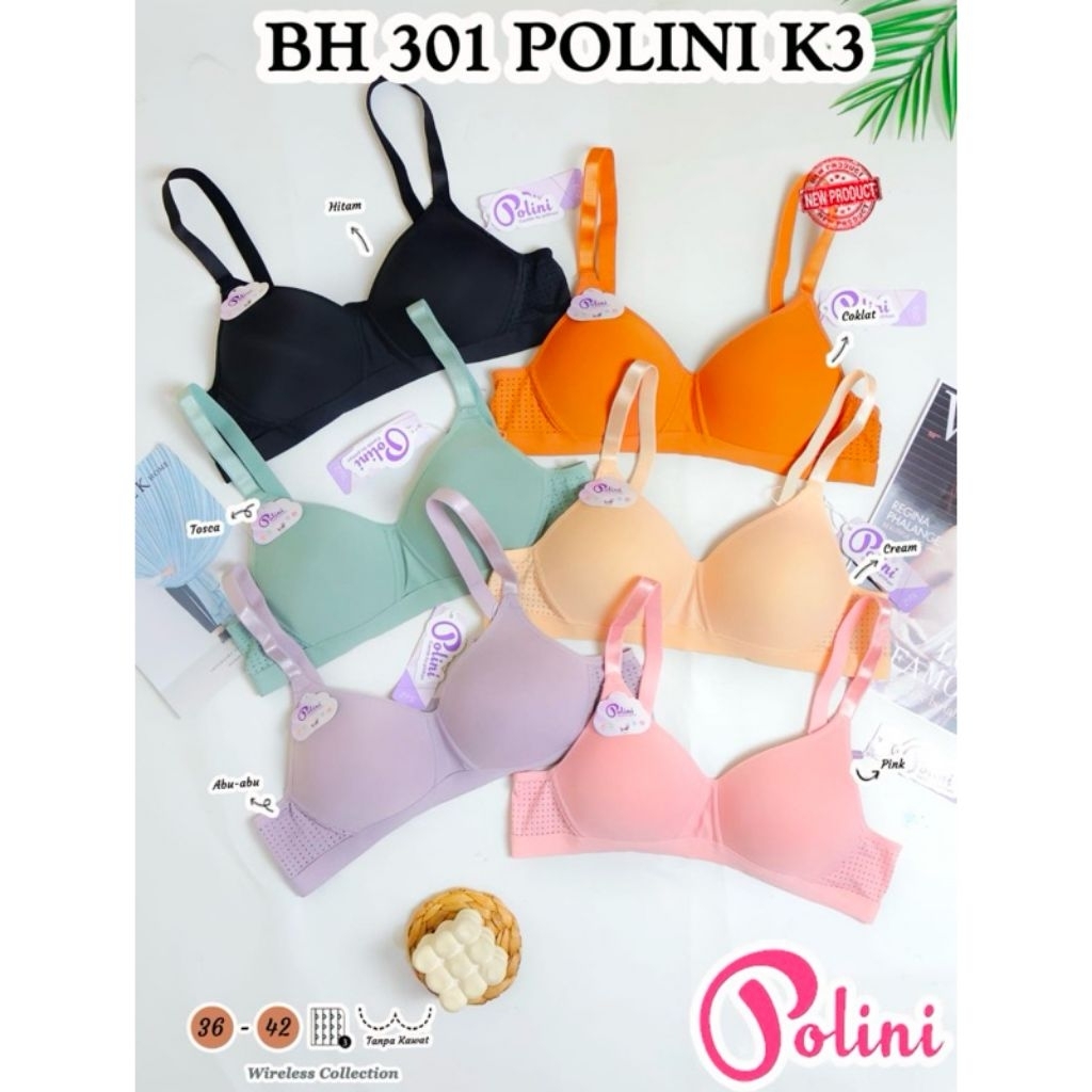 Bra POLINI 301 BH Tanpa Kawat Kait 3 Cup B Soft Premium