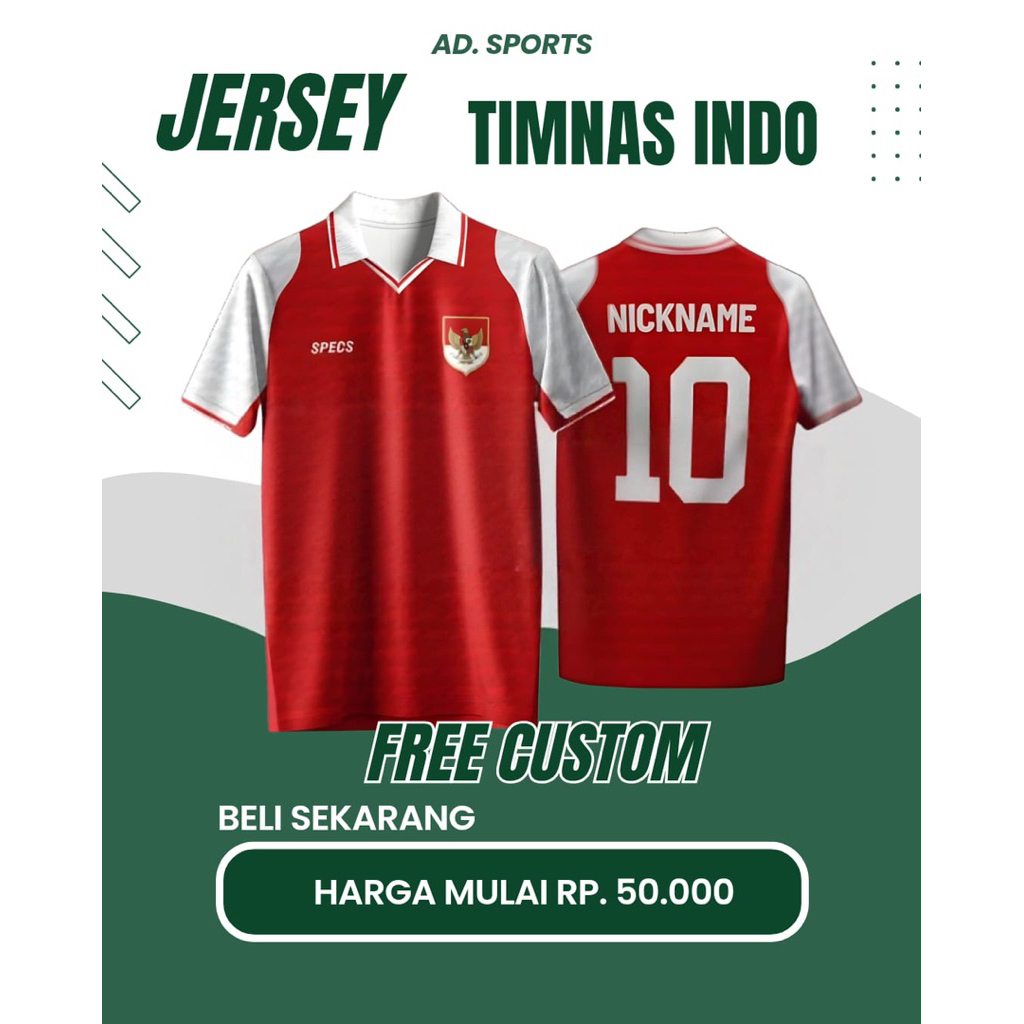 Baju Kaos Jersey Sepak Bola / Futsal Timnas Indo Free Nama & No Punggung Full Printing Pria Wanita