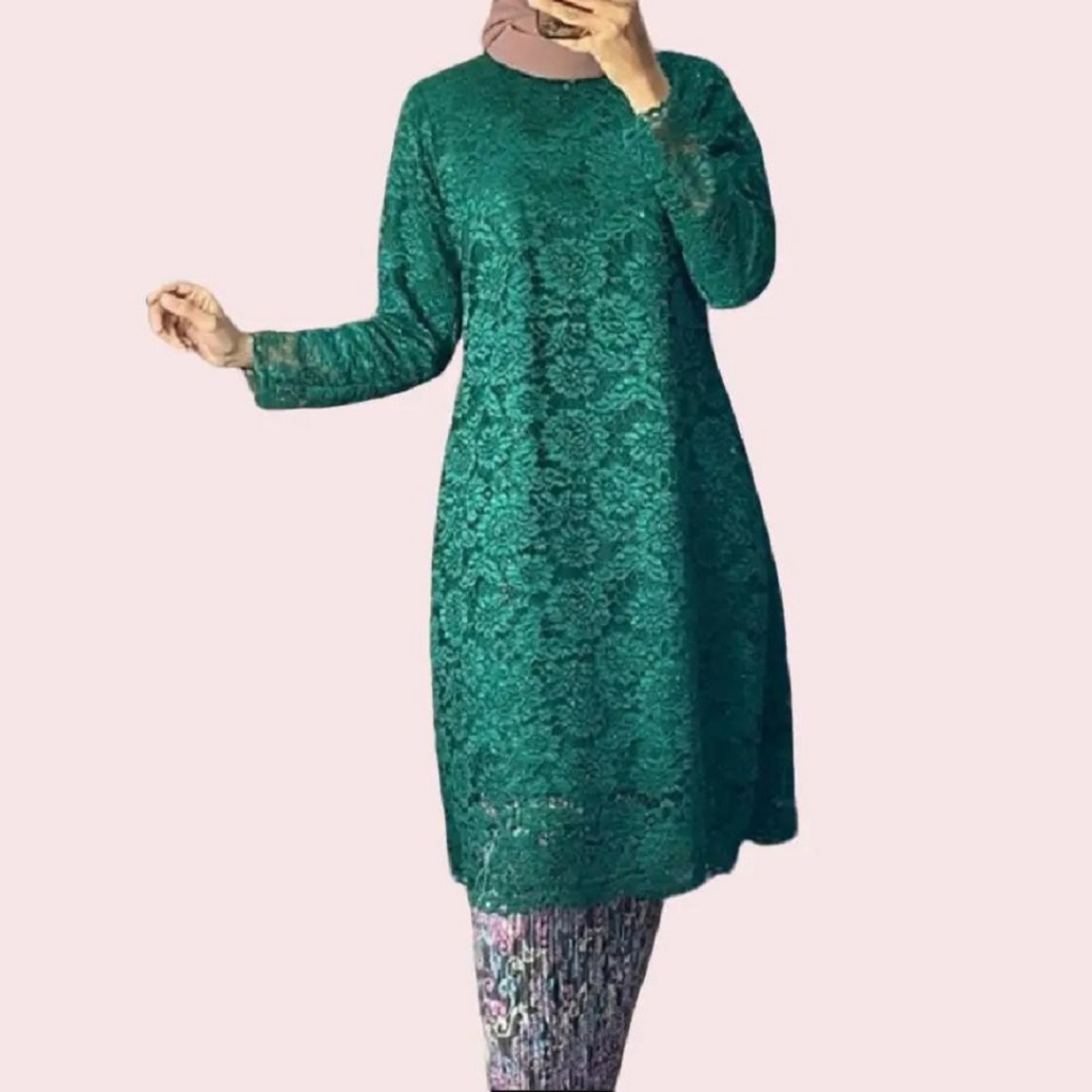 Atasan Kebaya Tunik Bahan Brokat Premium Warna Hijau Botol