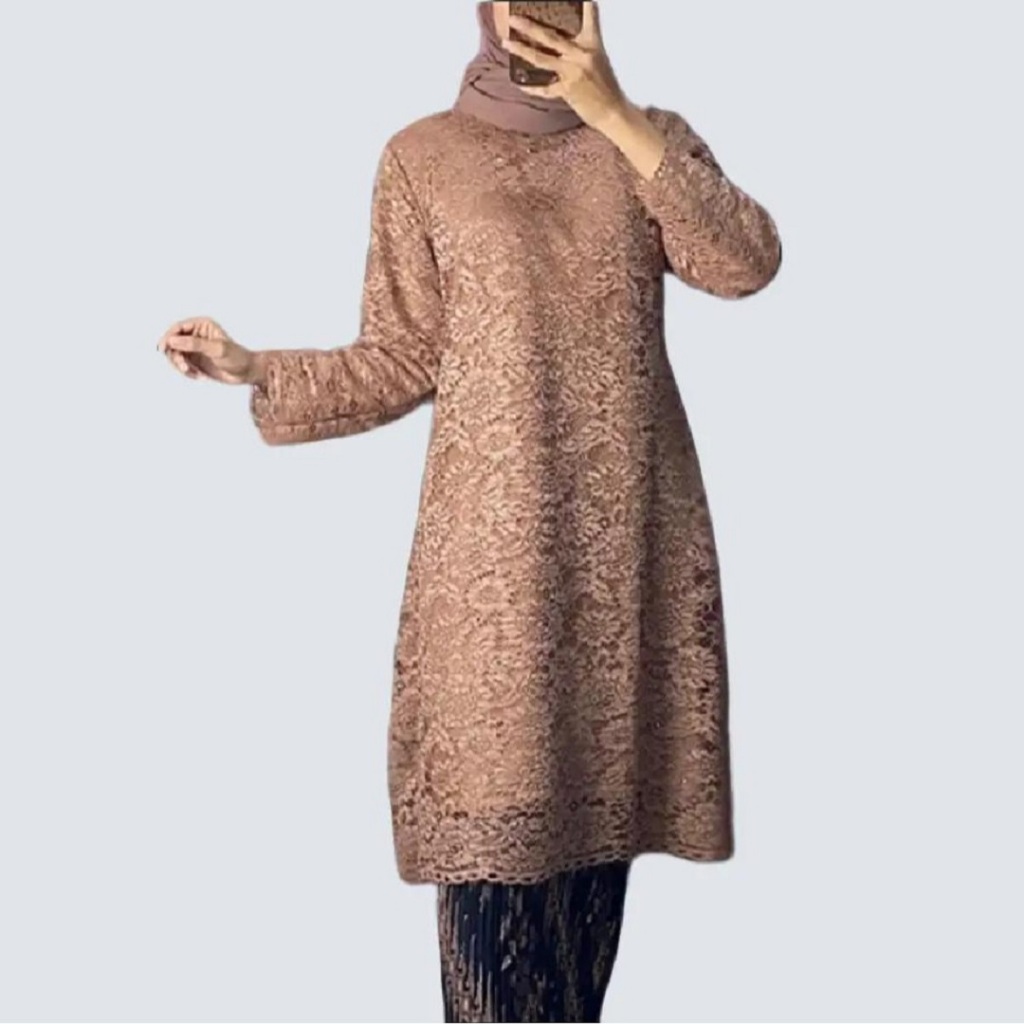 Atasan Kebaya Tunik Bahan Brokat Premium Warna Mocca