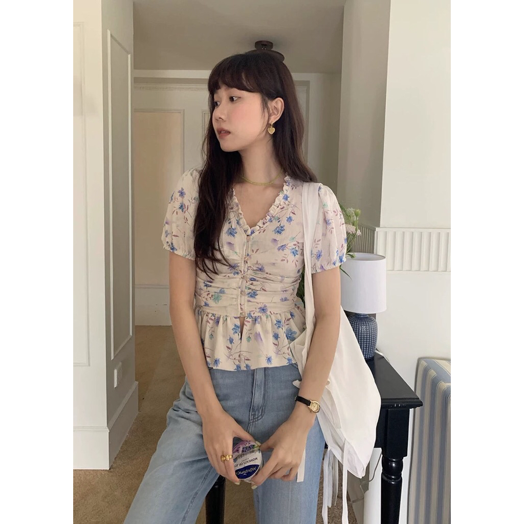 Atasan blouse wanita motif floral bunga soft korean look ruffle kancing depan