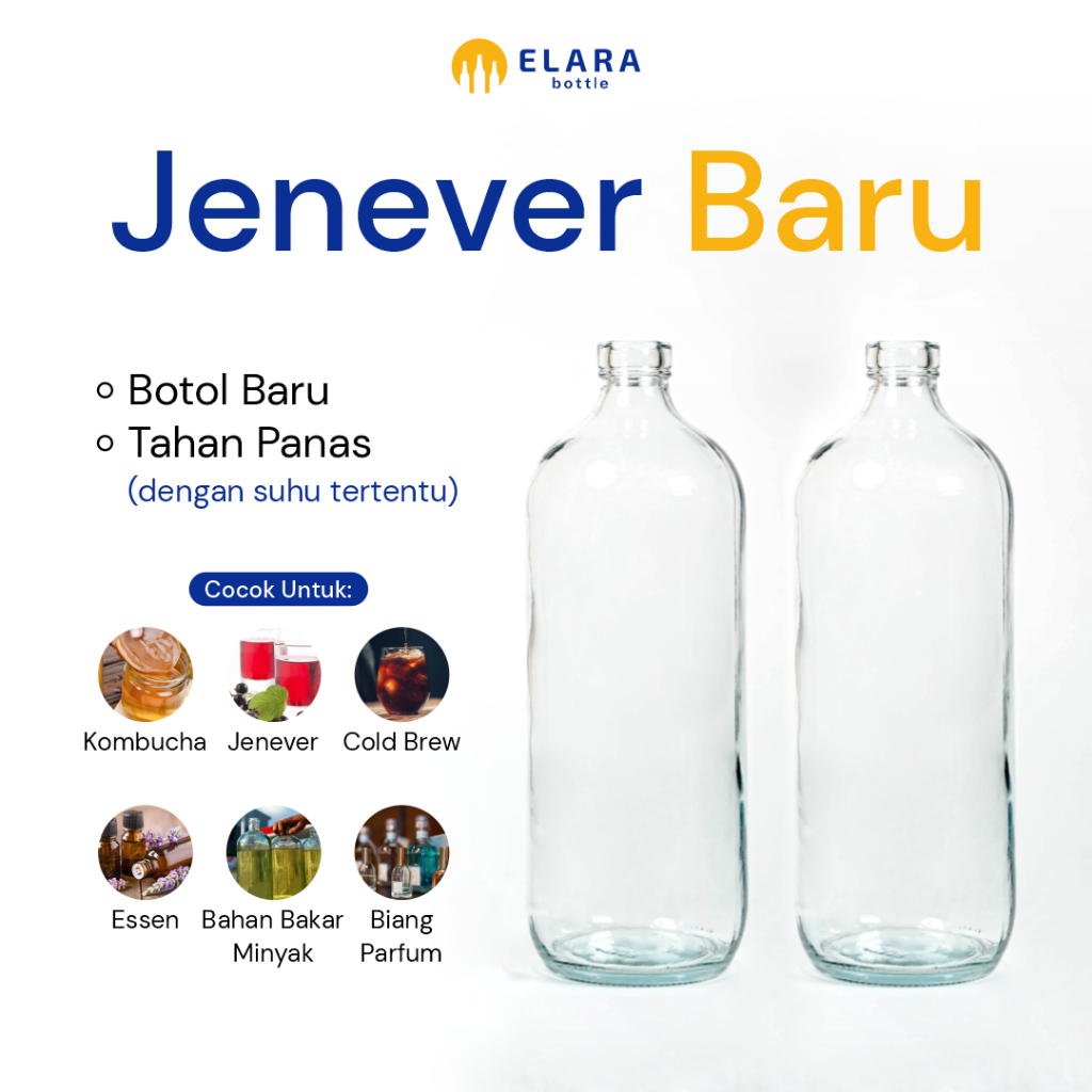 Elara Botol - Jenever Baru | Botol Kaca Bening | Botol 1000 ML | Botol Jamu | Botol Spirtus | Botol 
