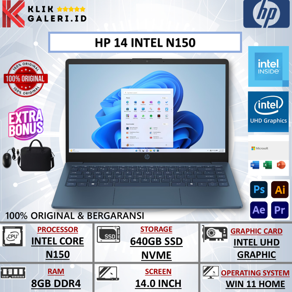 Laptop HP 14 Intel N150 RAM 8GB 640GB SSD 14"  Windows 11 Original Baru