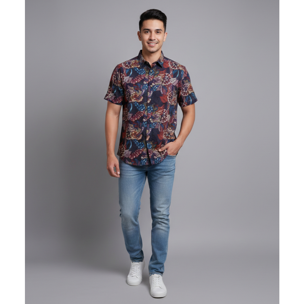 Kemeja Motif Batik Etnik Abu Merah Pria dB7 Lengan Pendek Katun Halus Motif Unik Abstrak KDS 04