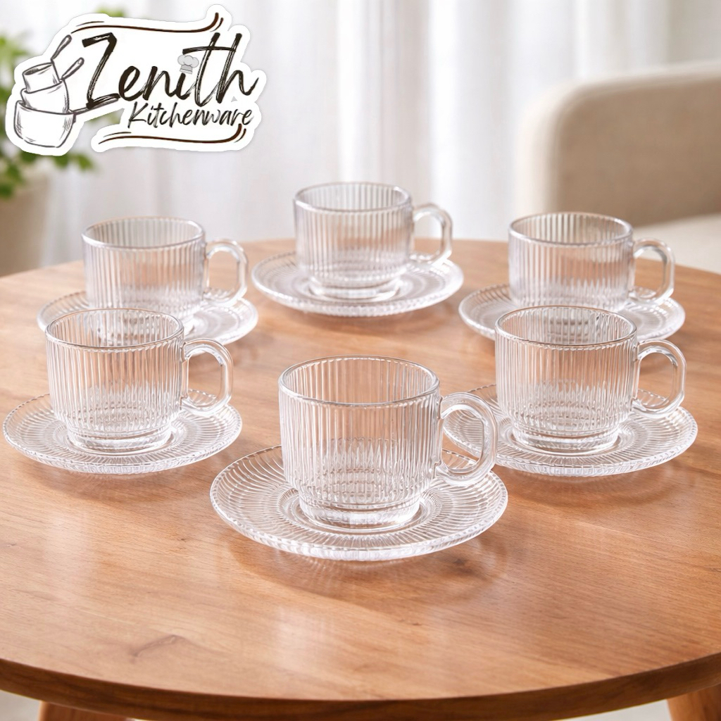 SET 6 PCS CANGKIR DAN PIRING KACA TIMMONS/ CUP AND SAUCER TEA COFFEE SET/ GELAS TEH KOPI ESTETIK HAM