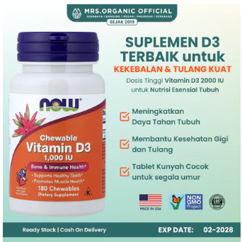 Vitamin Suplemen Now D-3 D3 1000 IU CHEWABLE  Tablet Kunyah Isi 180 Tablet