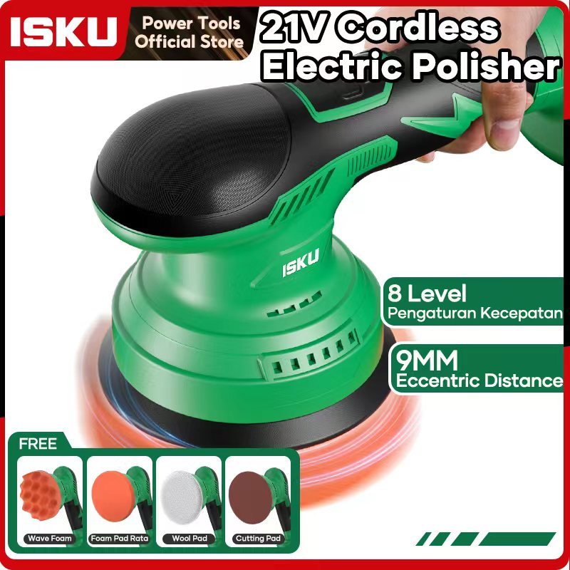 ISKU Mesin Poles Cordless Brushless 21V Dual Action Polisher DA 5 Inch Alat Poles Mobil Motor