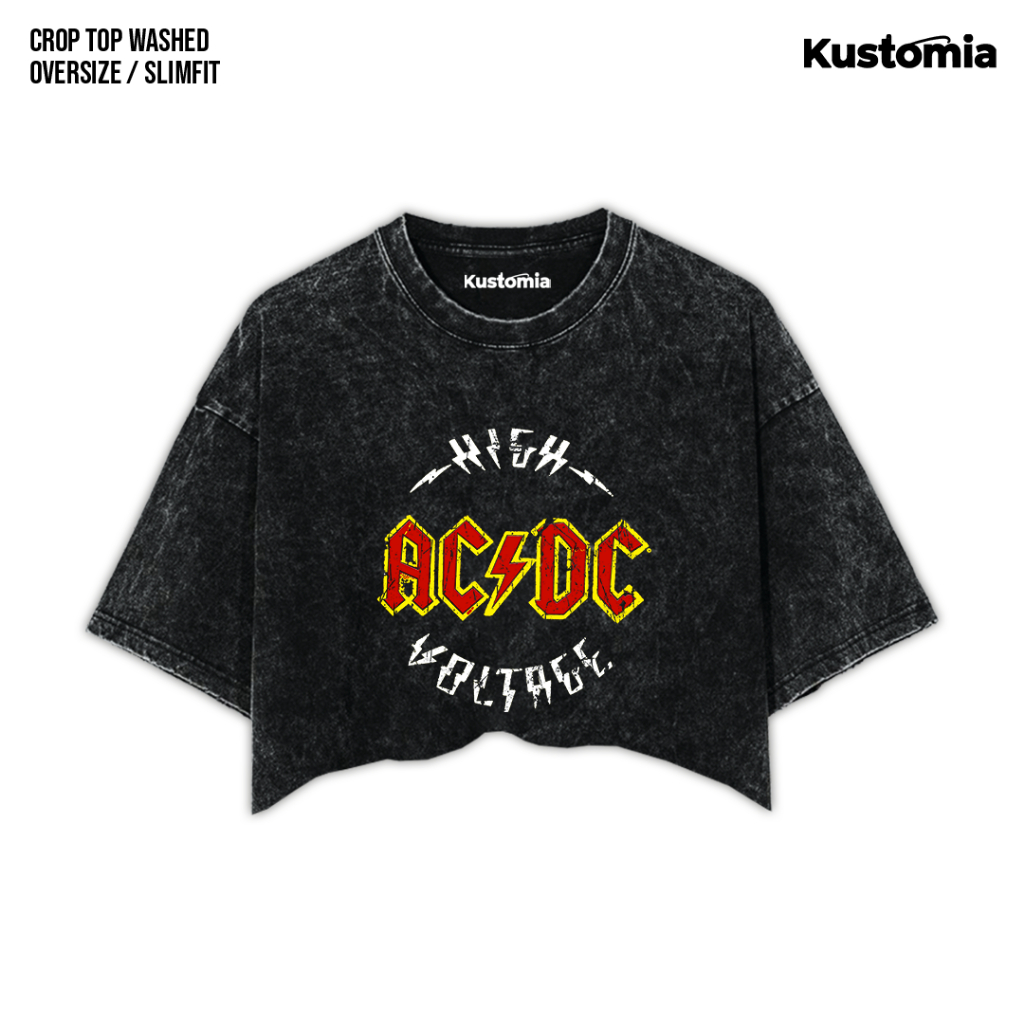 KUSTOMIA Crop Top ACDC Washed Crop Tee Black White | ACDC-2