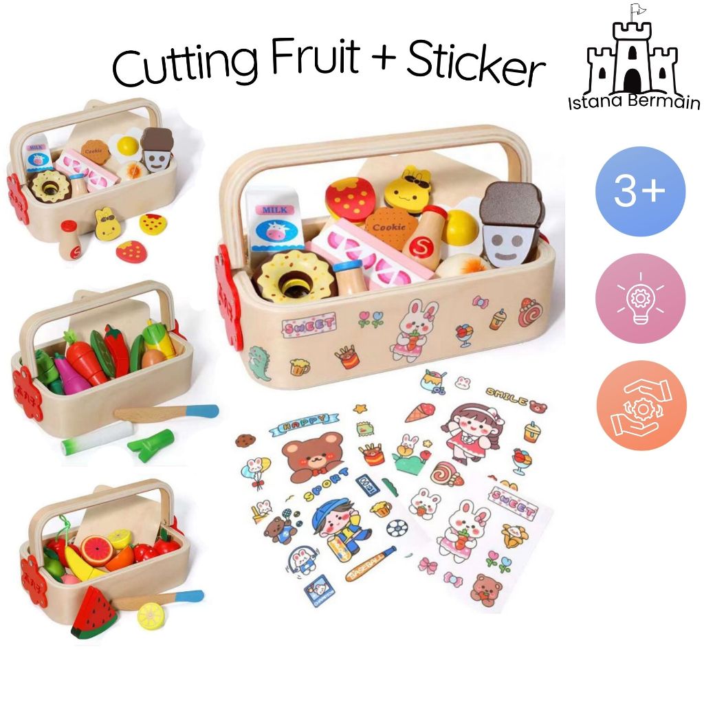 mainan buah potong keranjang kayu wooden basket fruits veggies mainan buah potong anak mainan buah k