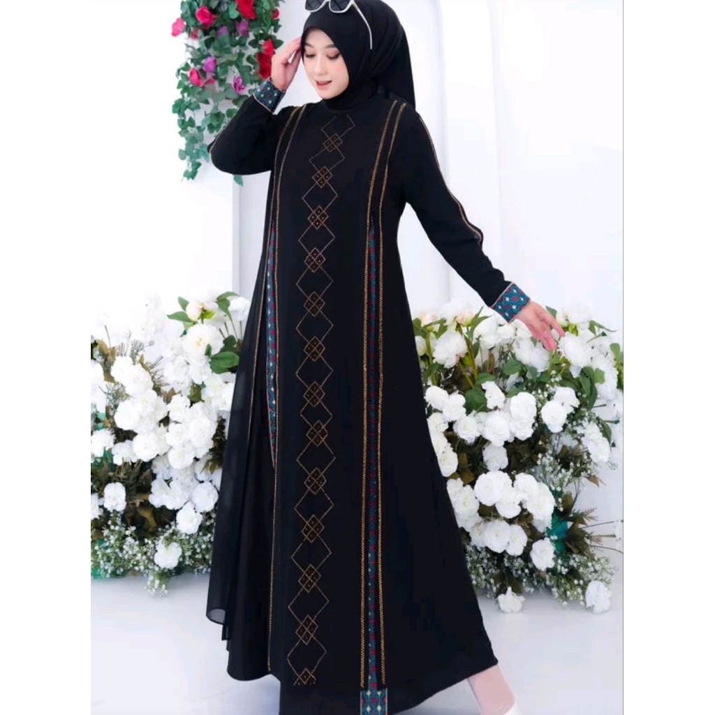 Gamis Abaya Premium Turkey Mode BilQis Blue Kombinasi Cantik Buka Pintu Bordiran Warna Biru Mewah