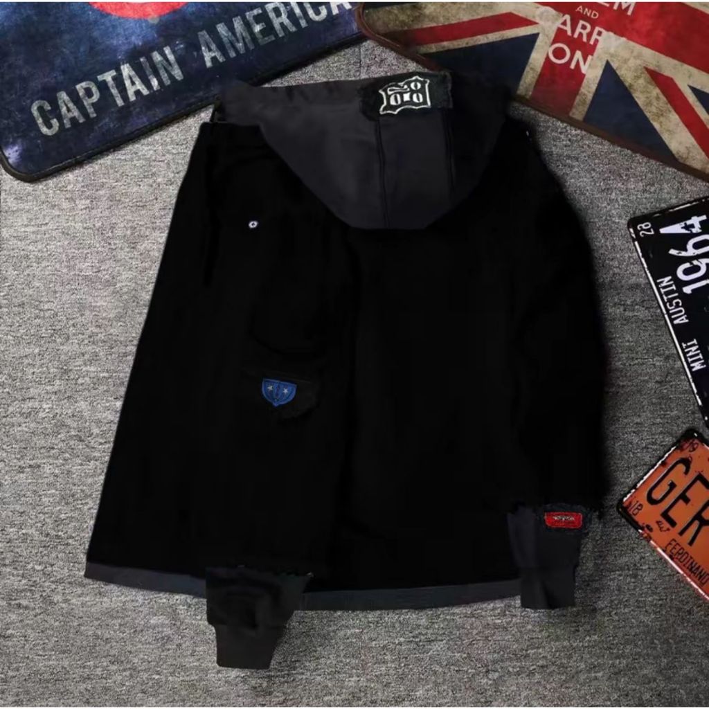 BestPromo Jacket Jeans Hip Hop Korea Style Pria Wanita Kupluk Denim Hitam Mm.Store